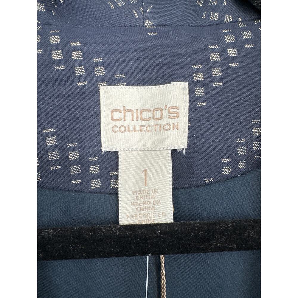 Chicos Jacket Womens Medium Navy Blue Gold Pockets Office Classic Chevron - Picture 2 of 11